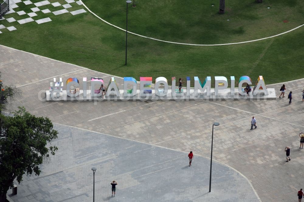 Rio de Janeiro from above - Uppercase lettering # cidadeolimpica on the grounds of the Olympic Park before the summer playing games of XXXI. Olympics in Rio de Janeiro in Rio de Janeiro, Brazil