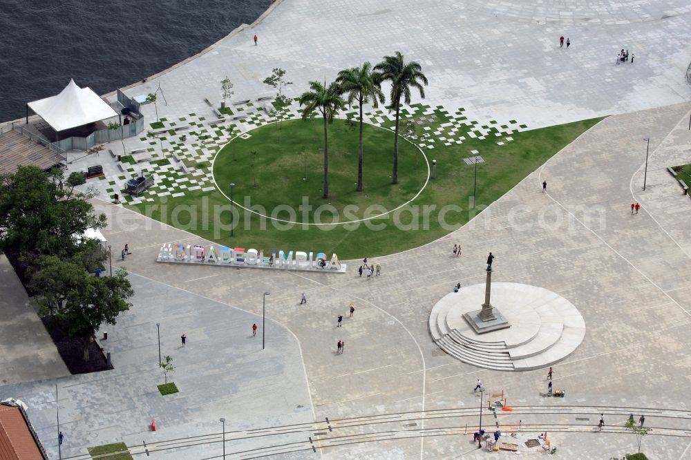 Rio de Janeiro from the bird's eye view: Uppercase lettering # cidadeolimpica on the grounds of the Olympic Park before the summer playing games of XXXI. Olympics in Rio de Janeiro in Rio de Janeiro, Brazil