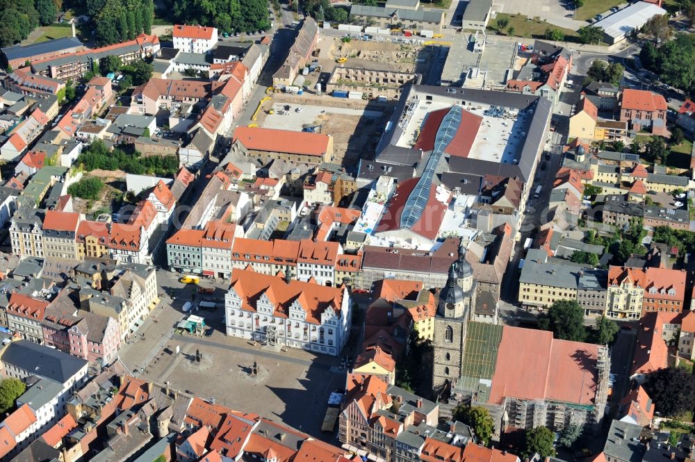 Wittenberg from above - View of the construction site of the shopping center Arsenal between the Arsenal square and the market place in the inner city of Wittenberg. Project developers are MIB AG and the OFB Development GmbH. The completion is scheduled for autumn 2012