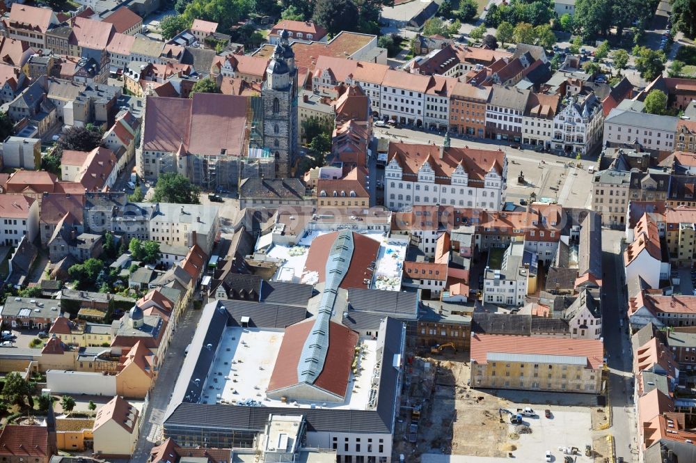 Wittenberg from above - View of the construction site of the shopping center Arsenal between the Arsenal square and the market place in the inner city of Wittenberg. Project developers are MIB AG and the OFB Development GmbH. The completion is scheduled for autumn 2012