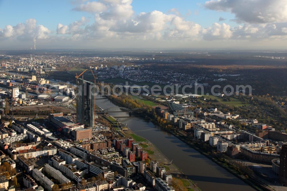 Frankfurt am Main from above - View of the construction site of the new headquarters of the European Central Bank (ECB) in Ostend. The listed market hall will be renovated and houses later the public areas of the Central Bank. The new headquarters will be completed in 2014 and was designed by the Viennese architects Coop Himmelb(L)AU