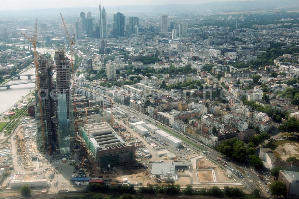 Aerial image Frankfurt am Main - View of the construction site of the new headquarters of the European Central Bank (ECB) in Ostend. The listed market hall will be renovated and houses later the public areas of the Central Bank. The new headquarters will be completed in 2014 and was designed by the Viennese architects Coop Himmelb(L)AU