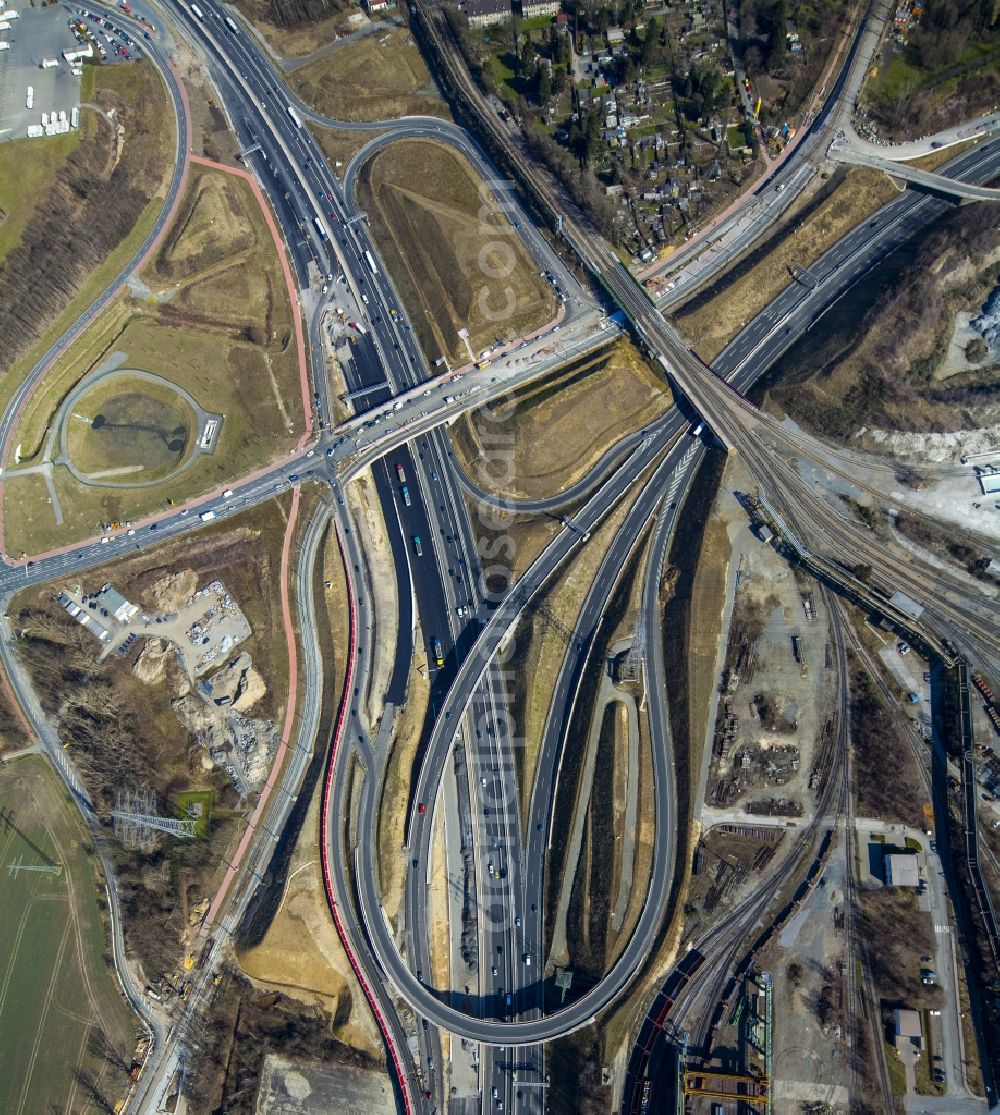 Aerial photograph Bochum - Great building site for the reconstruction of federal highway A40 motorway at the intersection of the main road B1 in Bochum in North Rhine-Westphalia