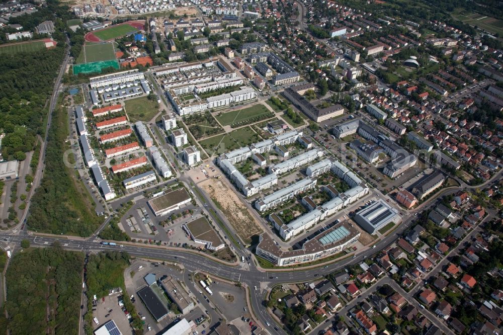 Aerial photograph Mainz - Gonsenheimer Sand is a large residential area on the site of a former US base. The residential area with row houses and apartment buildings located in the district Gonsenheim in Mainz in Rhineland-Palatinate