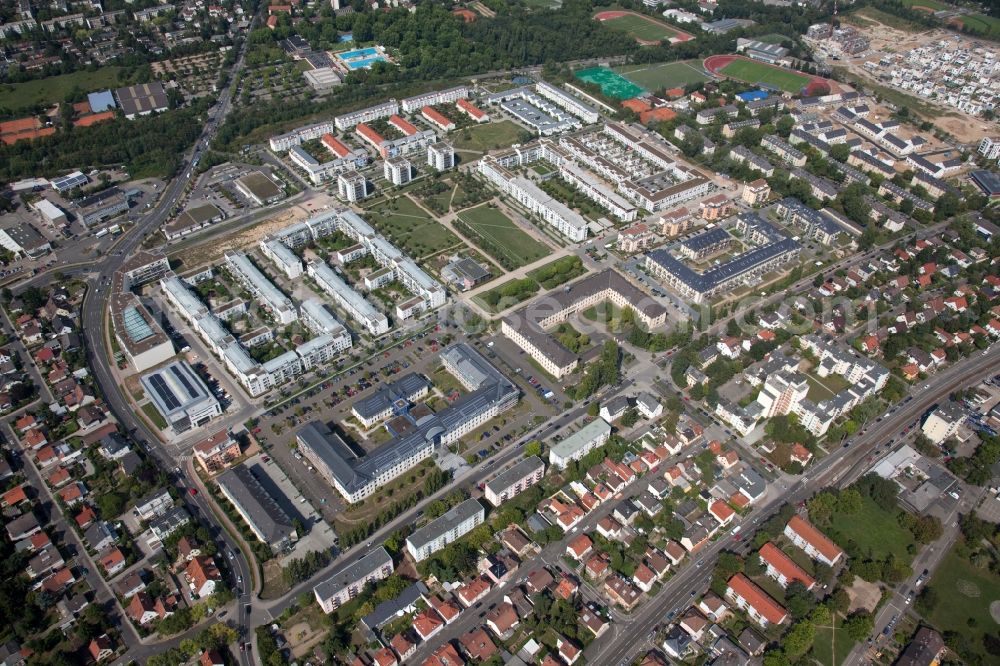 Aerial image Mainz - Gonsenheimer Sand is a large residential area on the site of a former US base. The residential area with row houses and apartment buildings located in the district Gonsenheim in Mainz in Rhineland-Palatinate