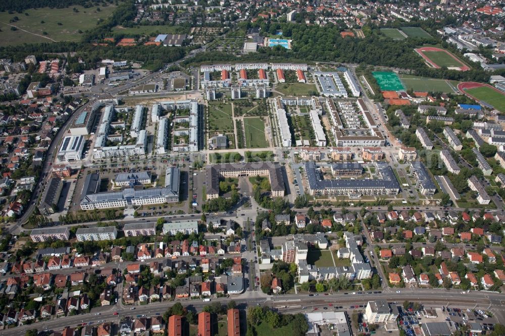 Aerial photograph Mainz - Gonsenheimer Sand is a large residential area on the site of a former US base. The residential area with row houses and apartment buildings located in the district Gonsenheim in Mainz in Rhineland-Palatinate