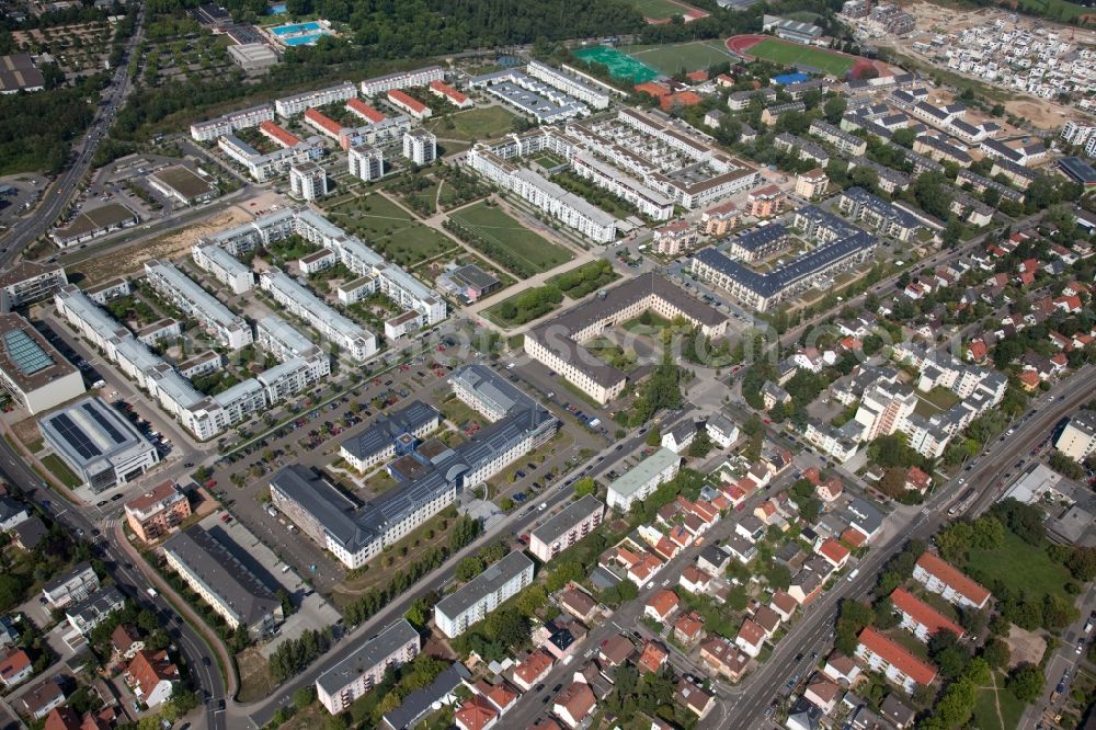 Aerial image Mainz - Gonsenheimer Sand is a large residential area on the site of a former US base. The residential area with row houses and apartment buildings located in the district Gonsenheim in Mainz in Rhineland-Palatinate