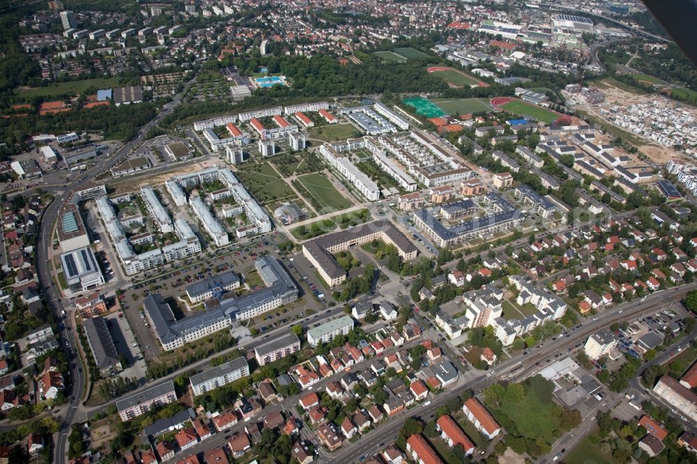 Aerial photograph Mainz - Gonsenheimer Sand is a large residential area on the site of a former US base. The residential area with row houses and apartment buildings located in the district Gonsenheim in Mainz in Rhineland-Palatinate