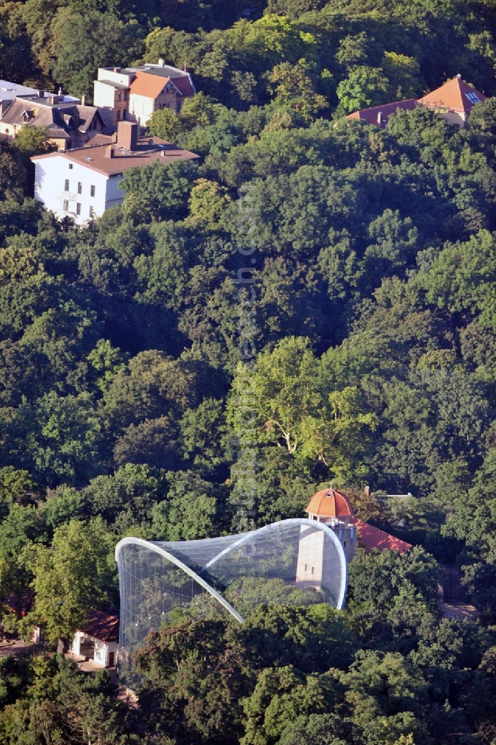 Halle from the bird's eye view: View of the large aviary and the observation tower at the Petersberg