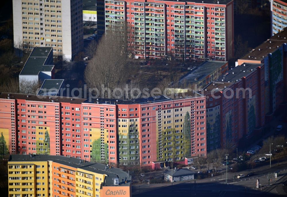 Aerial image Berlin - Painting on the prefabricated skyscraper - Facade in Berlin - Lichtenberg