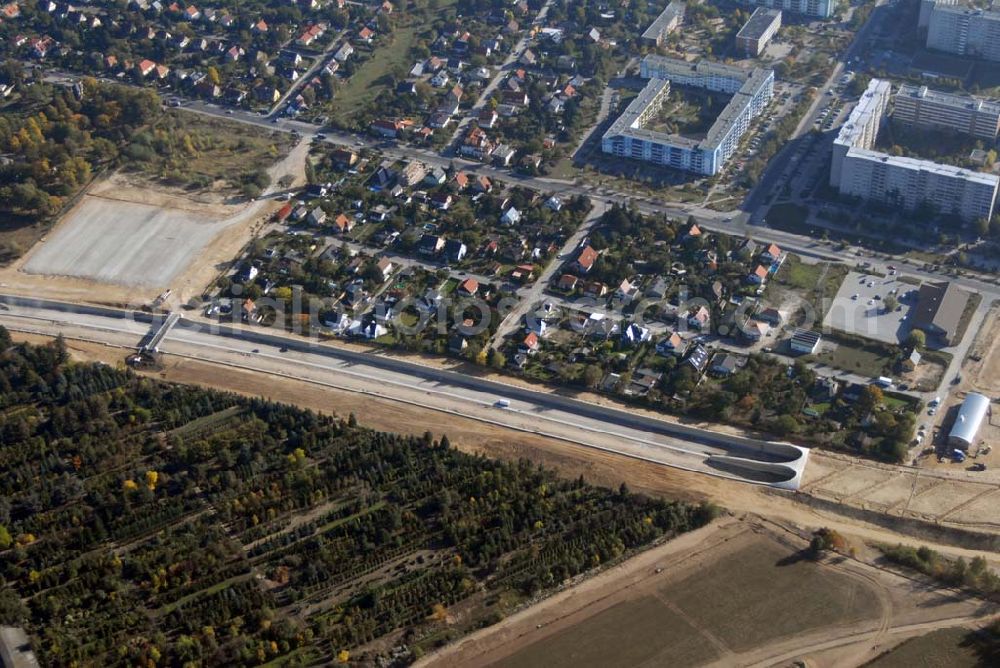 Schönefeld from the bird's eye view: Blick auf die Verlängerung der Autobahn A 113 zwischen dem Stadtring und dem in Planung befindlichen Hauptstadt-Airport Berlin Brandenburg International BBI durch die Schälerbau Berlin GmbH an der Freiheit 10 in 13597 Berlin - Telefon +49 (0)30 35 187 03 - Fax +49 (0)30 35 187 398 - Mail info@schaelerbau.de ; Klähne & Bauchspieß - Beratende Ingenieure im Bauwesen GmbH, Inselstraße 6A, 10179 Berlin ; Ingenieurbüro Meyer + Schubart, Blumenauer Straße 10, 31515 Wunstorf