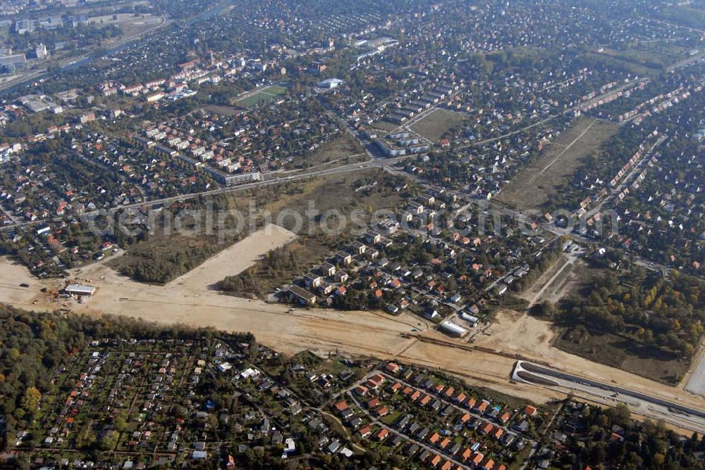 Aerial image Schönefeld - Blick auf die Verlängerung der Autobahn A 113 zwischen dem Stadtring und dem in Planung befindlichen Hauptstadt-Airport Berlin Brandenburg International BBI durch die Schälerbau Berlin GmbH an der Freiheit 10 in 13597 Berlin - Telefon +49 (0)30 35 187 03 - Fax +49 (0)30 35 187 398 - Mail info@schaelerbau.de ; Klähne & Bauchspieß - Beratende Ingenieure im Bauwesen GmbH, Inselstraße 6A, 10179 Berlin ; Ingenieurbüro Meyer + Schubart, Blumenauer Straße 10, 31515 Wunstorf