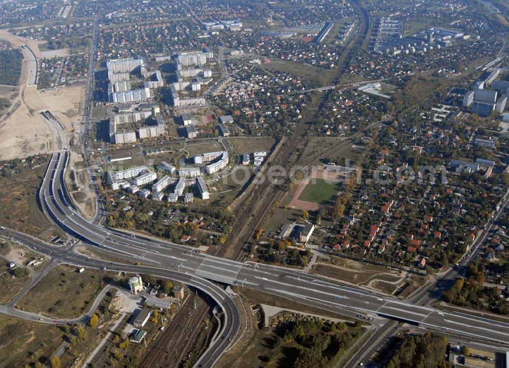 Schönefeld from the bird's eye view: Blick auf die Verlängerung der Autobahn A 113 zwischen dem Stadtring und dem in Planung befindlichen Hauptstadt-Airport Berlin Brandenburg International BBI durch die Schälerbau Berlin GmbH an der Freiheit 10 in 13597 Berlin - Telefon +49 (0)30 35 187 03 - Fax +49 (0)30 35 187 398 - Mail info@schaelerbau.de ; Klähne & Bauchspieß - Beratende Ingenieure im Bauwesen GmbH, Inselstraße 6A, 10179 Berlin ; Ingenieurbüro Meyer + Schubart, Blumenauer Straße 10, 31515 Wunstorf