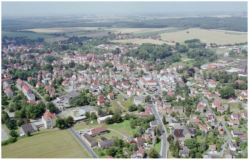 Aerial image Großröhrsdorf - 15.08.2004, Großröhrsdorf Blick auf das Stadtzentrum von Großröhrsdorf. Großröhrsdorf liegt im Umfeld von Dresden und ist ein idealer Ausgangspunkt zu allen Sehenswürdigkeiten in Ostsachsen und wurde unter an derem berühmt für seinen 300 Jahre alten Industriezweig.