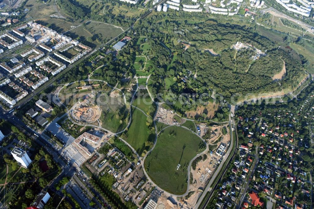 Berlin from the bird's eye view: Gaerten der Welt park on the premises of the IGA 2017 in the district of Marzahn-Hellersdorf in Berlin. Residential buildings and estates are located in the background along Eisenacher Strasse