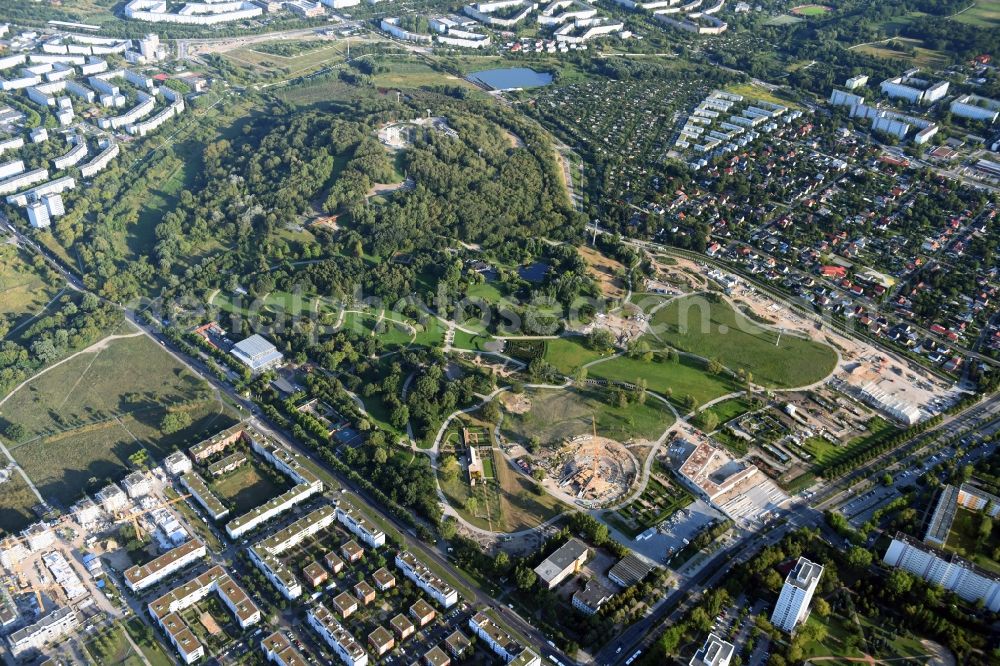 Berlin from above - Gaerten der Welt park on the premises of the IGA 2017 in the district of Marzahn-Hellersdorf in Berlin. Residential buildings and estates are located in the background along Eisenacher Strasse