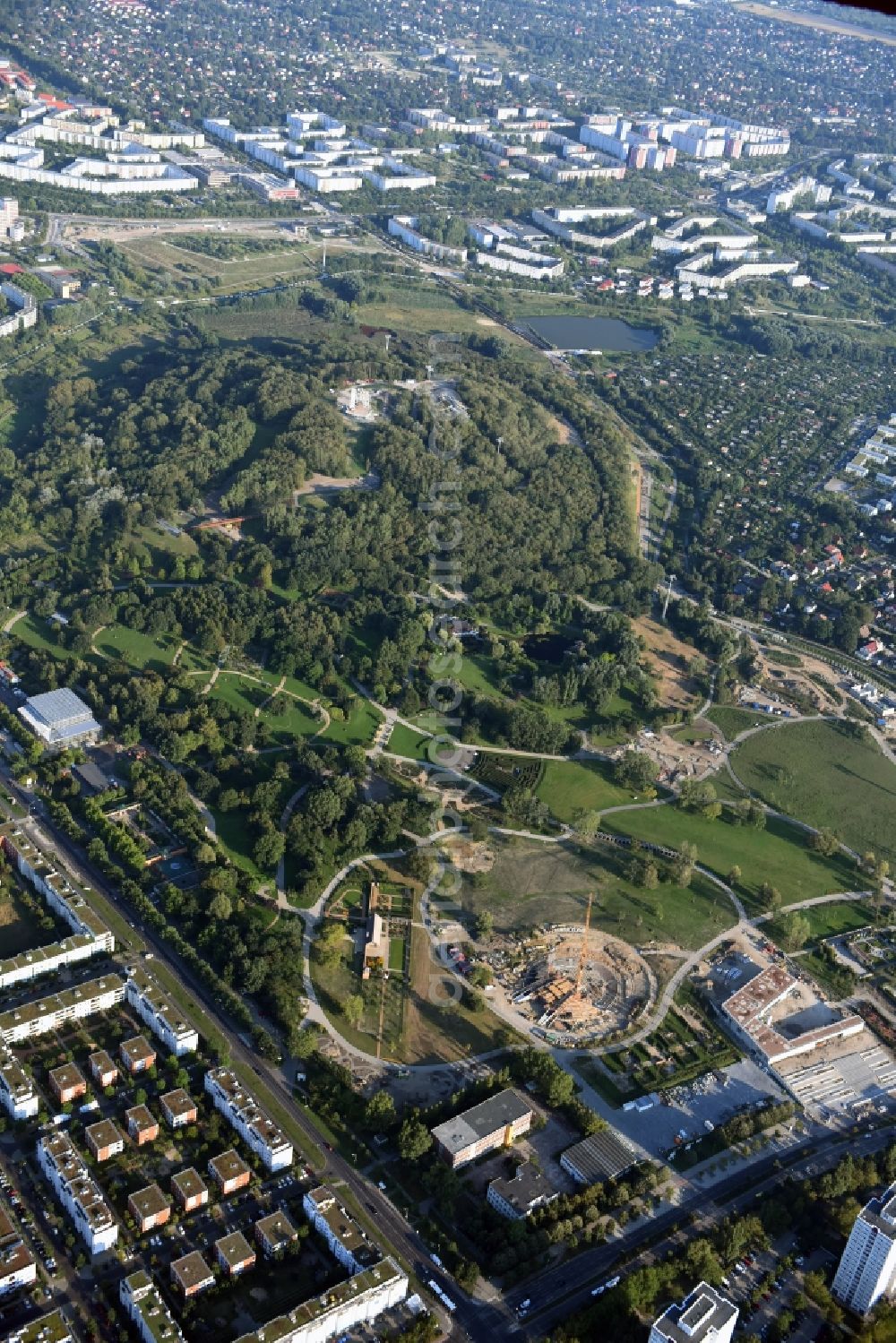 Berlin from the bird's eye view: Gaerten der Welt park on the premises of the IGA 2017 in the district of Marzahn-Hellersdorf in Berlin. Residential buildings and estates are located in the background along Eisenacher Strasse