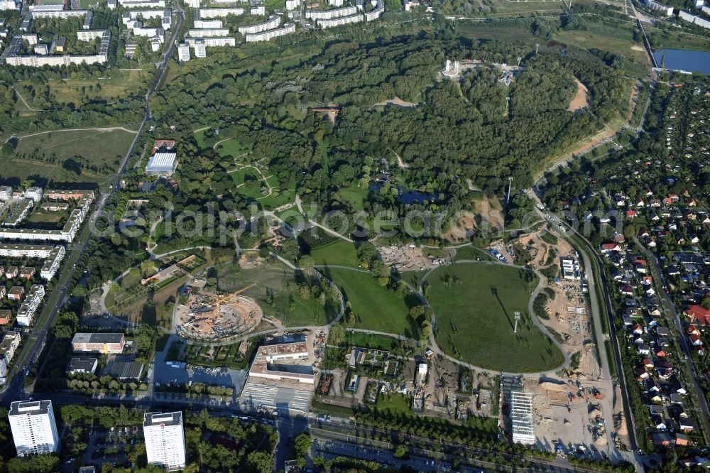 Berlin from above - Gaerten der Welt park on the premises of the IGA 2017 in the district of Marzahn-Hellersdorf in Berlin. Residential buildings and estates are located in the background along Eisenacher Strasse