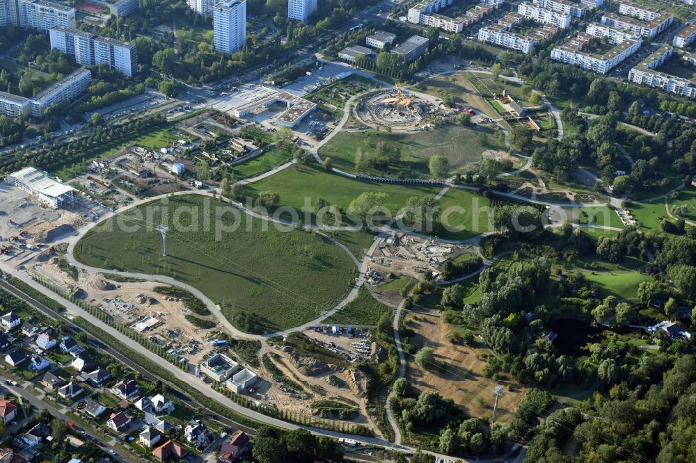 Berlin from the bird's eye view: Gaerten der Welt park on the premises of the IGA 2017 in the district of Marzahn-Hellersdorf in Berlin. Residential buildings and estates are located in the background along Eisenacher Strasse