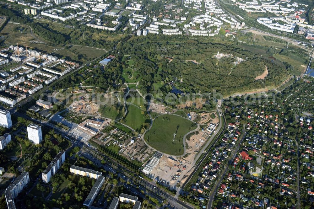 Berlin from above - Gaerten der Welt park on the premises of the IGA 2017 in the district of Marzahn-Hellersdorf in Berlin. Residential buildings and estates are located in the background along Eisenacher Strasse