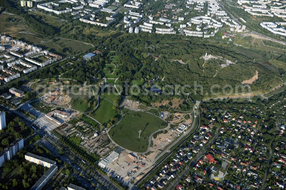 Berlin from the bird's eye view: Gaerten der Welt park on the premises of the IGA 2017 in the district of Marzahn-Hellersdorf in Berlin. Residential buildings and estates are located in the background along Eisenacher Strasse