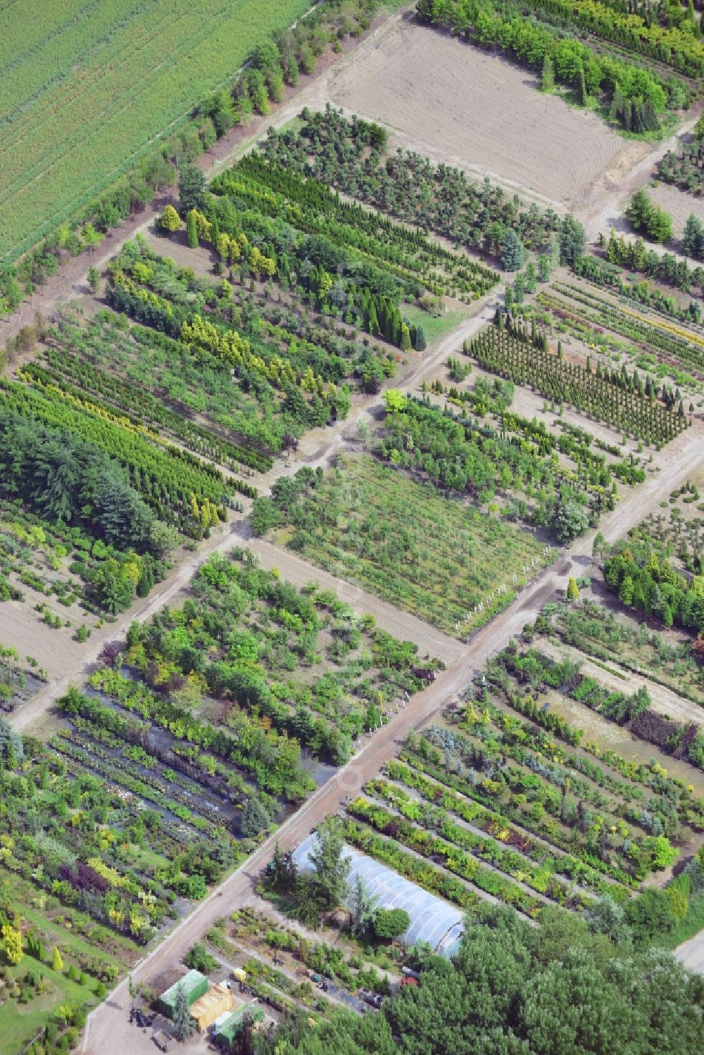 Neuenhagen from above - Gardening and planting facility in the Bollensdorf part of Neuenhagen, close to Berlin in the state of Brandenburg. The compound lies south east of the center of Neuenhagen inbetween fields and acres