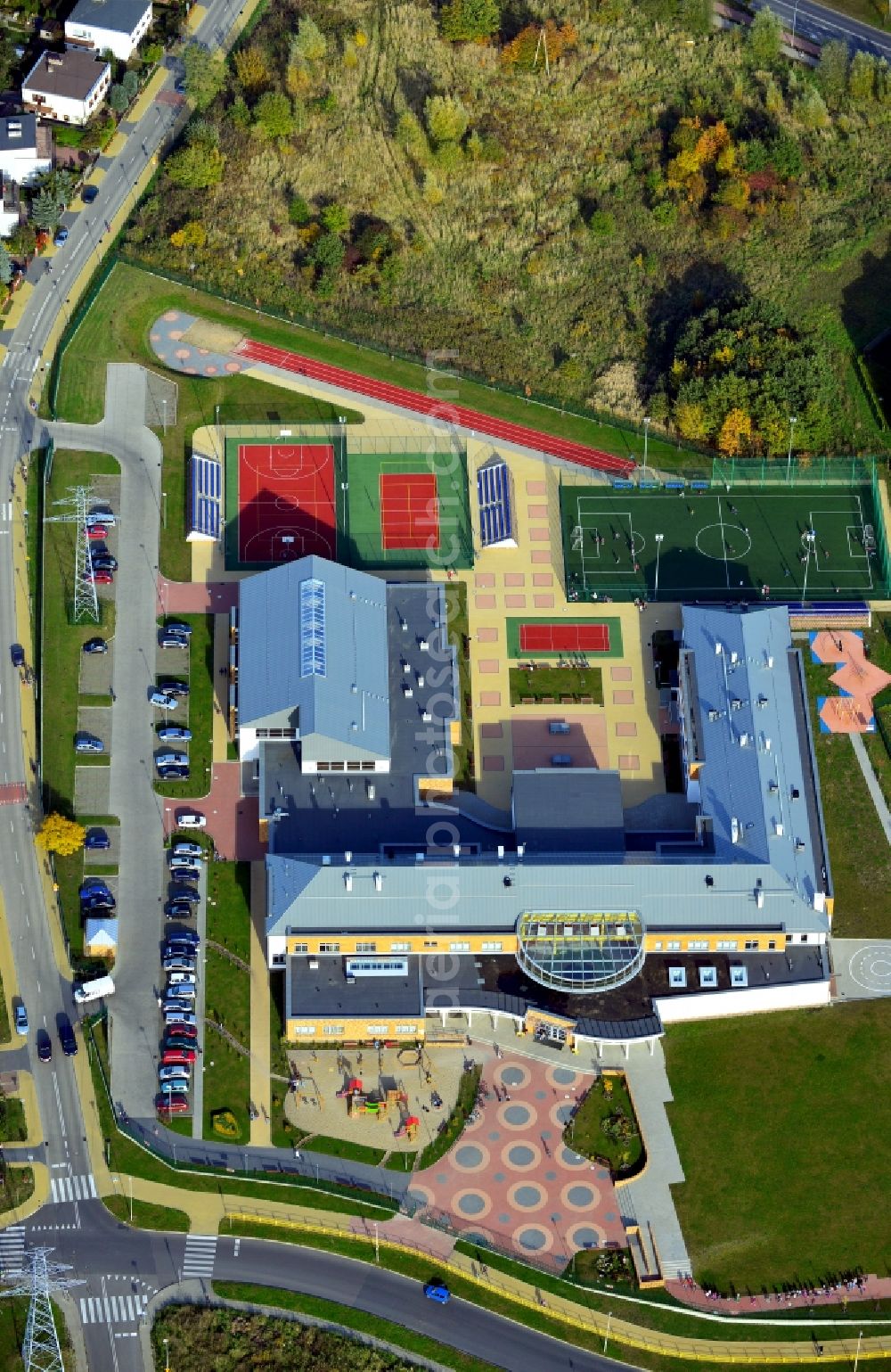 Warszewo from above - View of primary school building in Warszewo in Poland