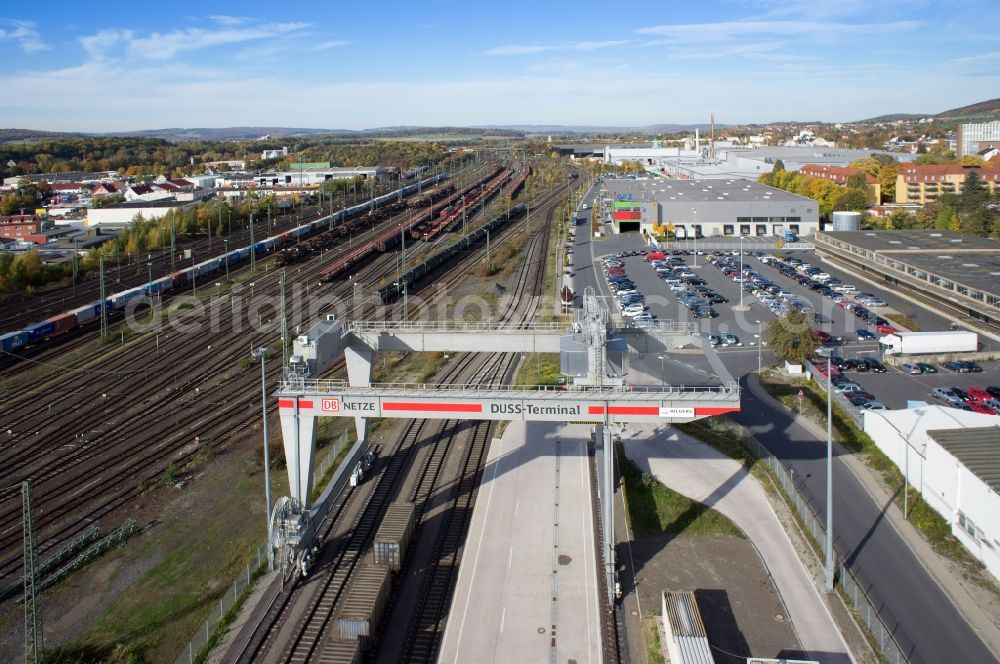 Göttingen from above - Loading and unloading of freight yard at the Am Gueterverkehrszentrum in Goettingen in Lower Saxony