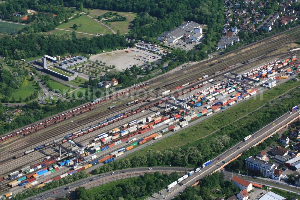 Weil am Rhein from above - Container at the freight station of the Deutsche Bahn in Weil am Rhein in the state Baden-Wuerttemberg