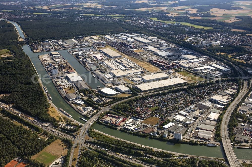 Nürnberg from above - Quays and boat moorings at the port of the inland port and Gueterverkehr-Hafen in the district Maiach in Nuremberg in the state Bavaria, Germany