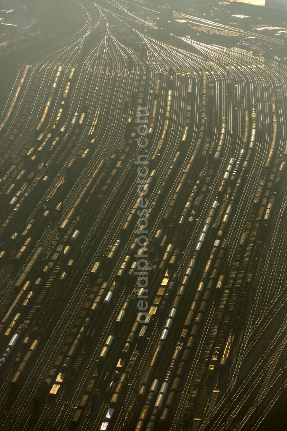 Aerial image Hagen - Freight traffic - railway yard in Hagen in North Rhine-Westphalia. Several freighttrains standing at the rails