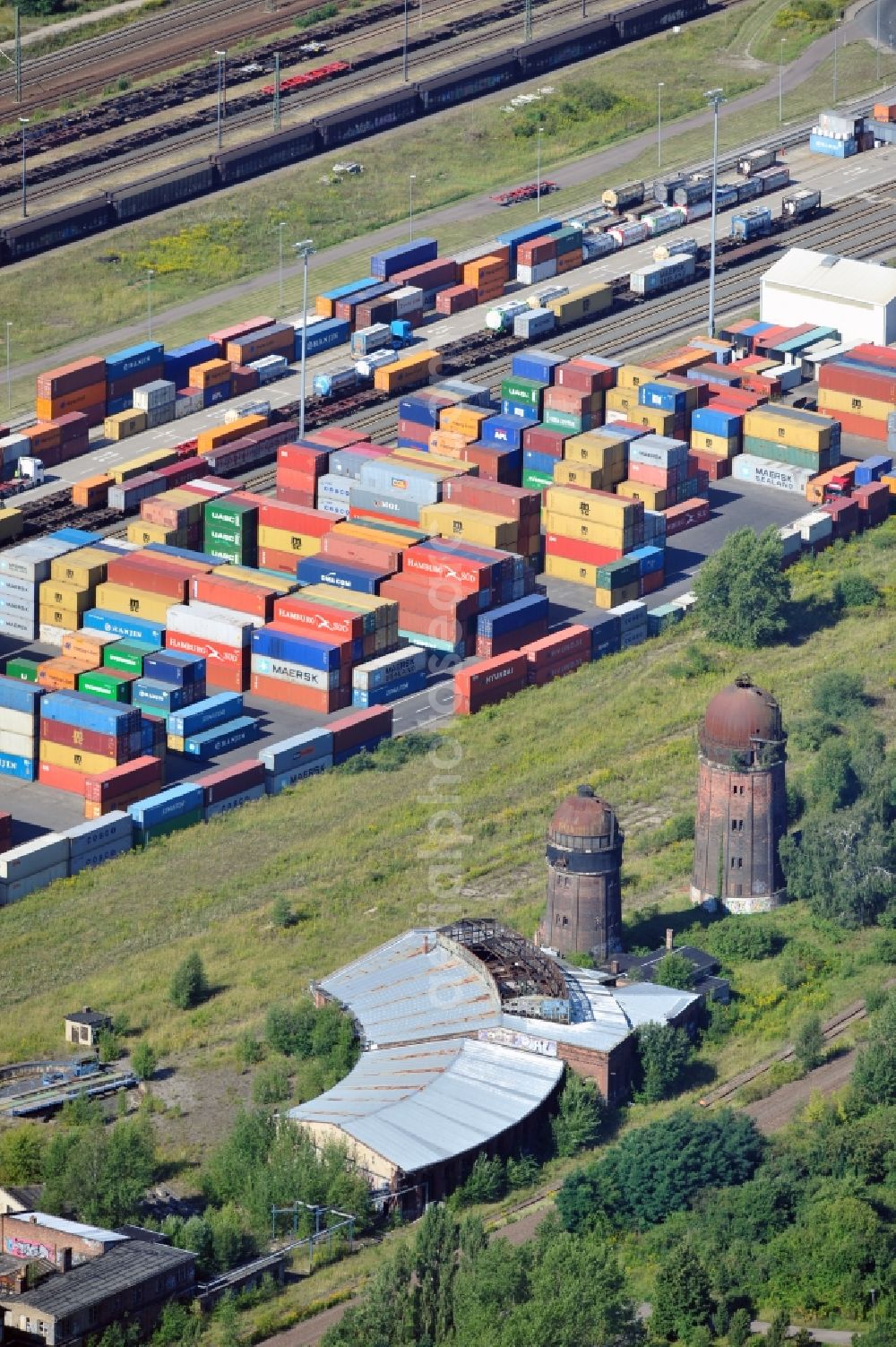 Leipzig from the bird's eye view: View of the container rail freight centerLeipzig- Lützschena in Saxony. It is located on the area of the former railroad depot Leipzig-Wahren