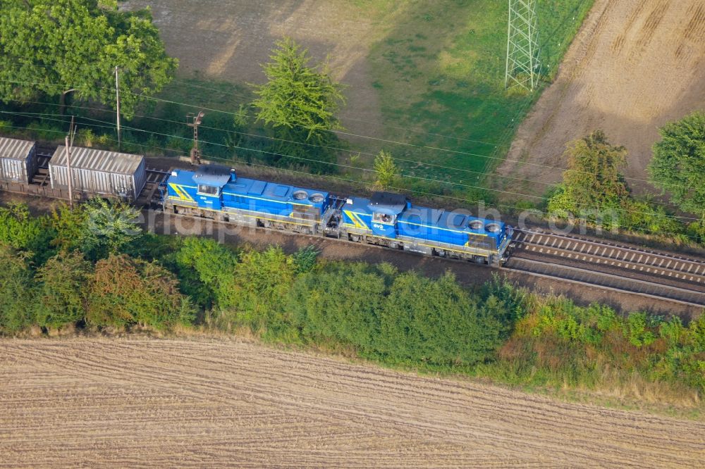 Neu-Eichenberg from the bird's eye view: Freight train in Neu-Eichenberg in the state Hesse