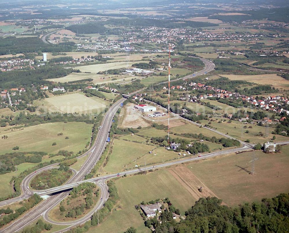 Göttelborn / Saarland from above - Göttelborn / Saarland Blick auf die Sanierung des Sendemastes im Saarland durch die Firma W. Diener aus Köln an der Autobahnauffahrt A1 03.09.2003