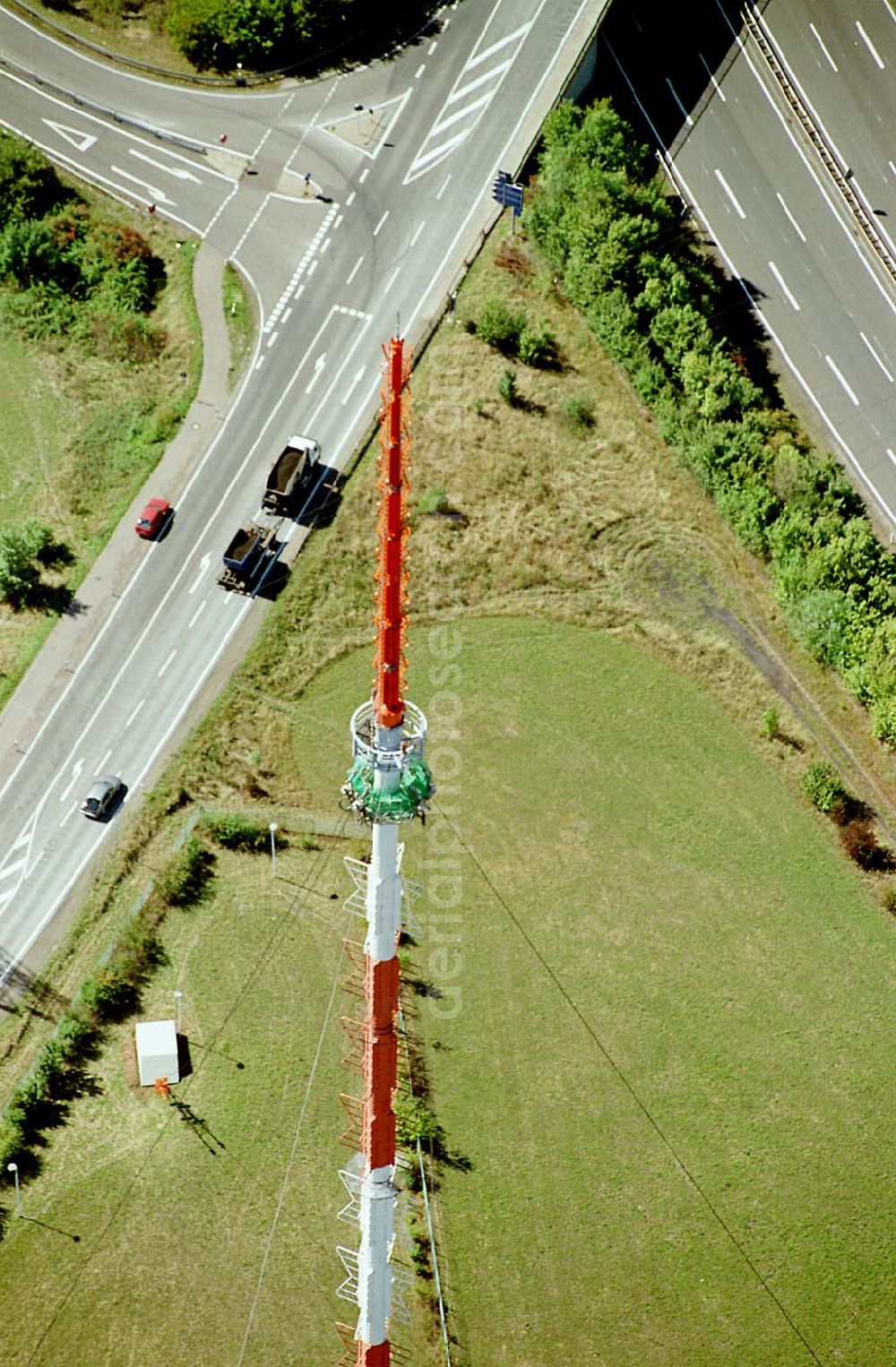 Göttelborn / Saarland from above - Göttelborn / Saarland Blick auf die Sanierung des Sendemastes im Saarland durch die Firma W. Diener aus Köln an der Autobahnauffahrt A1; (teilweise mit Sicht auf Göttelborn) 03.09.2003