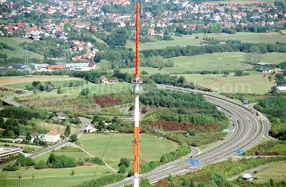 Göttelborn / Saarland from above - Göttelborn / Saarland Blick auf die Sanierung des Sendemastes im Saarland durch die Firma W. Diener aus Köln an der Autobahnauffahrt A1; (teilweise mit Sicht auf Göttelborn) 03.09.2003