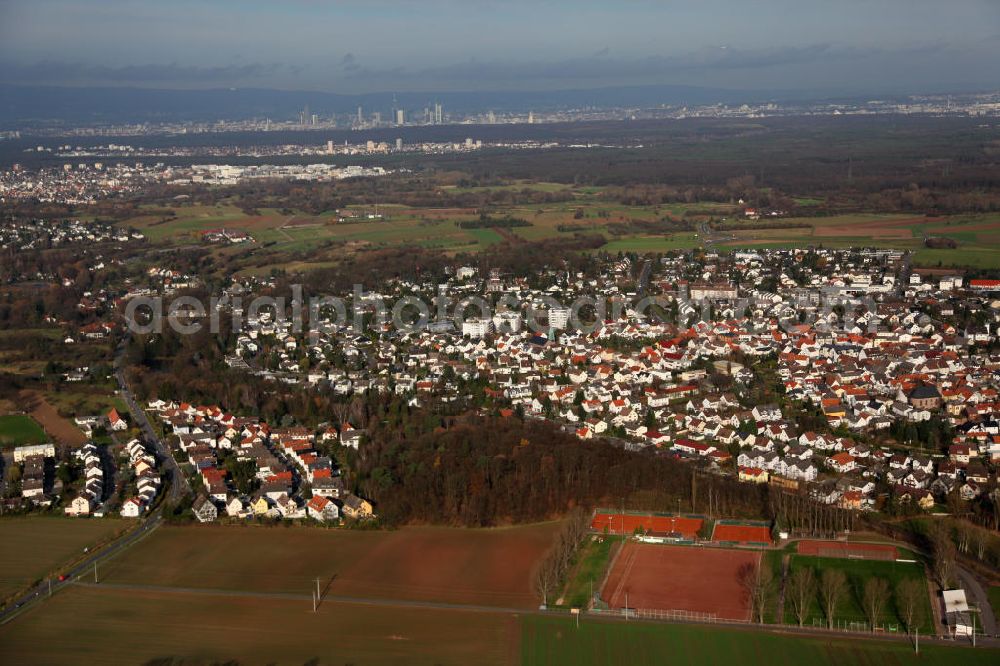 Aerial photograph Dreieich - Blick auf den Stadtteil Götzenhain der Stadt Dreieich im Landkreis Offenbach im Bundesland Hessen. Dreieich liegt südlich der Metropole Frankfurt am Main und ist mit über 40.000 Einwohnern die zweitgrößte Kommune im Landkreis Offenbach. View to the city district Götzenhain in the administrative district Offenbach of Hessen.