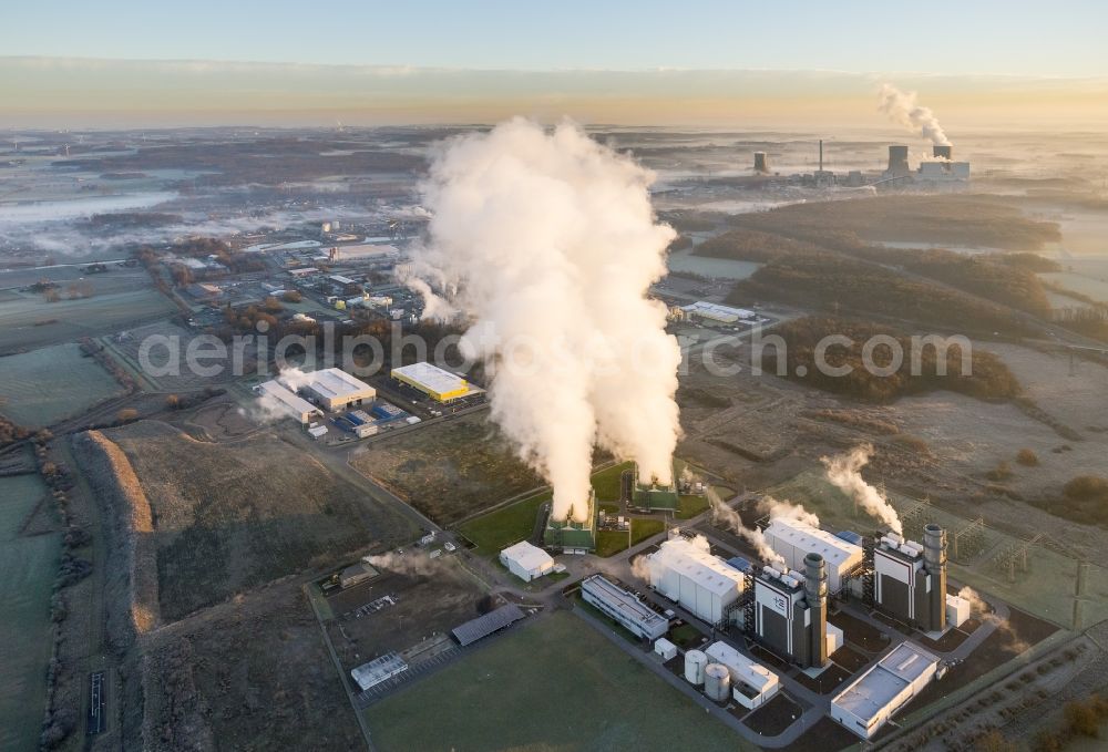 Aerial image Hamm - GUD Trianel - gas turbine power plant at sunrise on the outskirts of Hamm, North Rhine-Westphalia