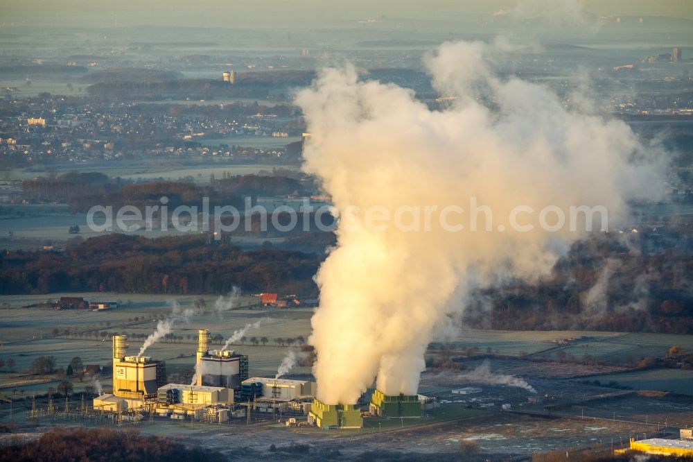 Aerial photograph Hamm - GUD Trianel - gas turbine power plant at sunrise on the outskirts of Hamm, North Rhine-Westphalia