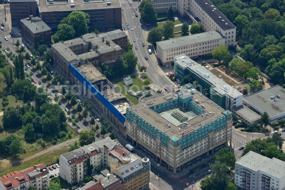 Leipzig from above - View of Gutenberg Galerie with Ramada Hotel Leipzig City Centre at Gutenberg Square in Leipzig in Saxony. The Gutenberg Gallery is location for gastronomy, commercial space, offices and conference rooms. In 2010 the Hospitality Alliance AG opened a branch of the Ramada hotel brand in the seventh and eighth floor of the house