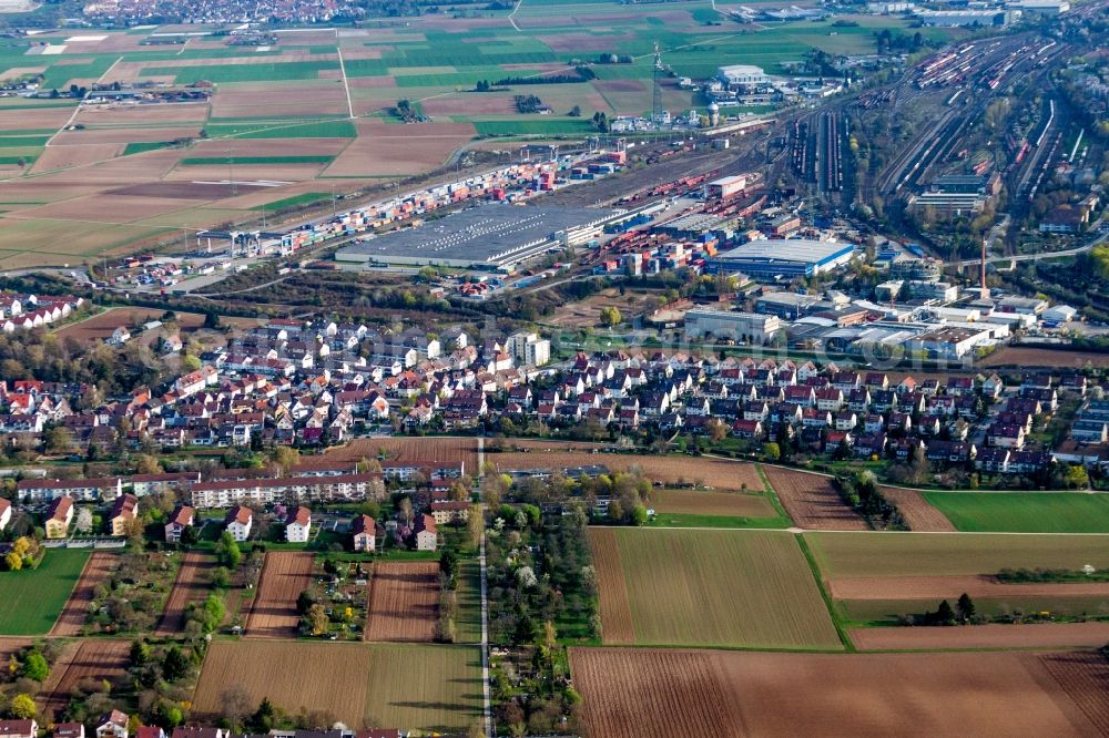 Kornwestheim from the bird's eye view: Marshalling yard and freight station of the Deutsche Bahn in Kornwestheim in the state Baden-Wurttemberg, Germany