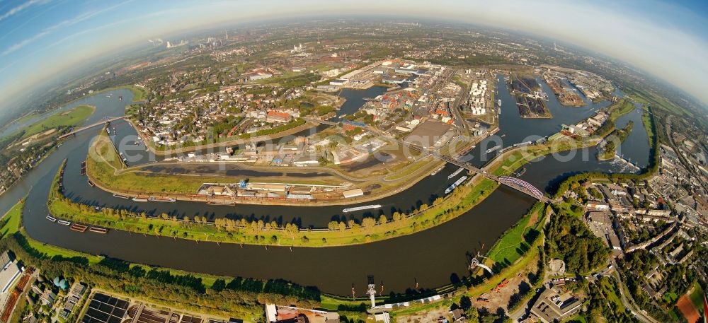 Duisburg from the bird's eye view: Fisheye view of the port of Duisburg in the state North Rhine-Westphalia