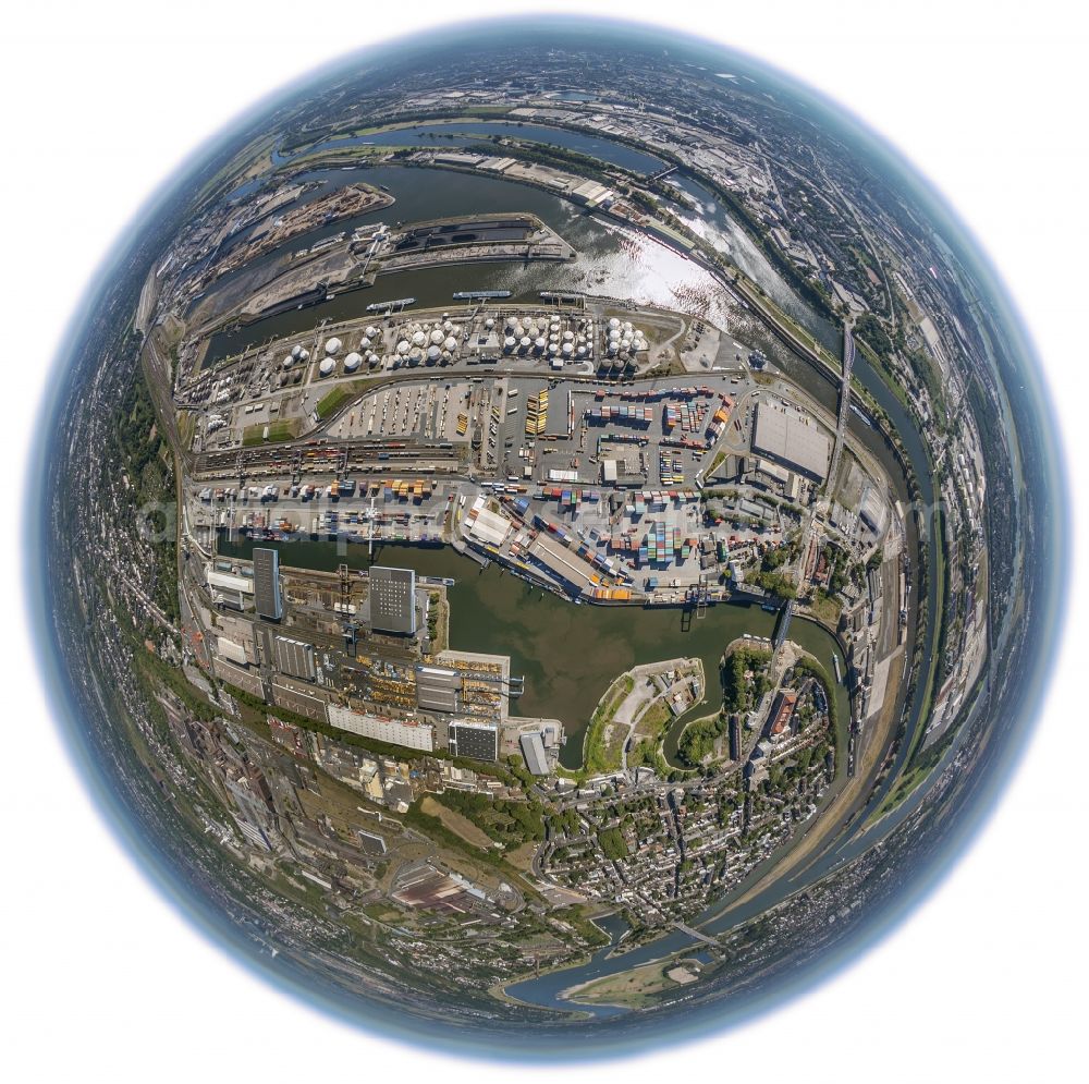 Duisburg from the bird's eye view: Fish eye - view of the port of Duisburg in the state North Rhine-Westphalia