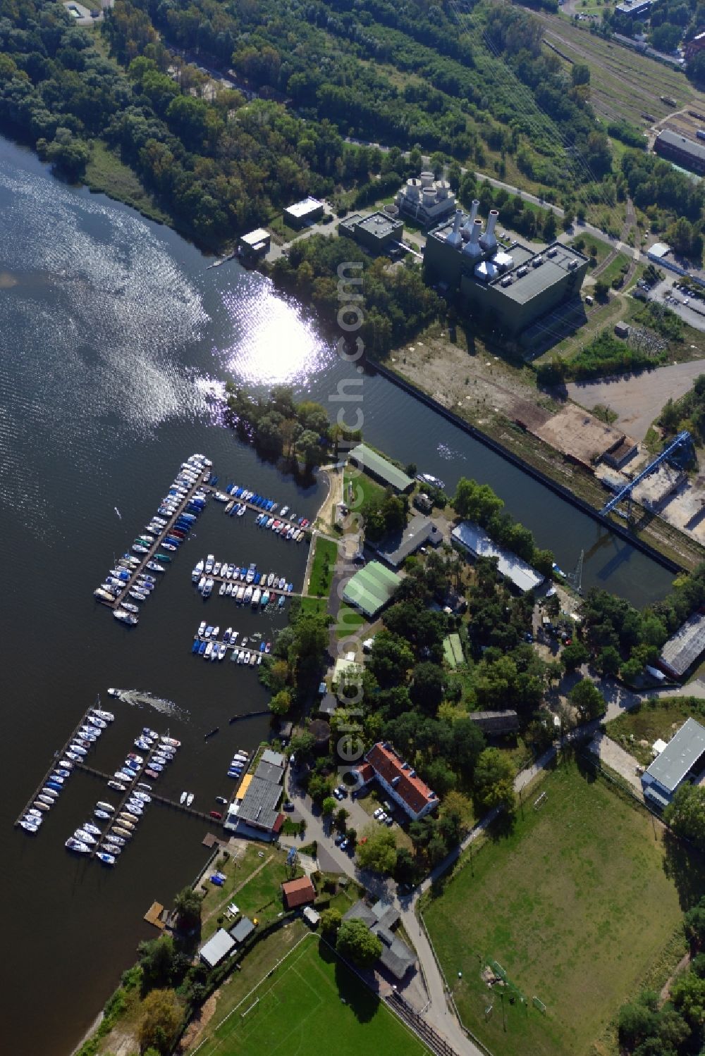 Aerial image Brandenburg Havel - View at the Port of the railway workers sailing club Kirchmöser r.c. at the Plauer See in Brandenburg upon Havel in the federal state of Brandenburg. Kirchmöser is a district of Brandenburg upon Havel