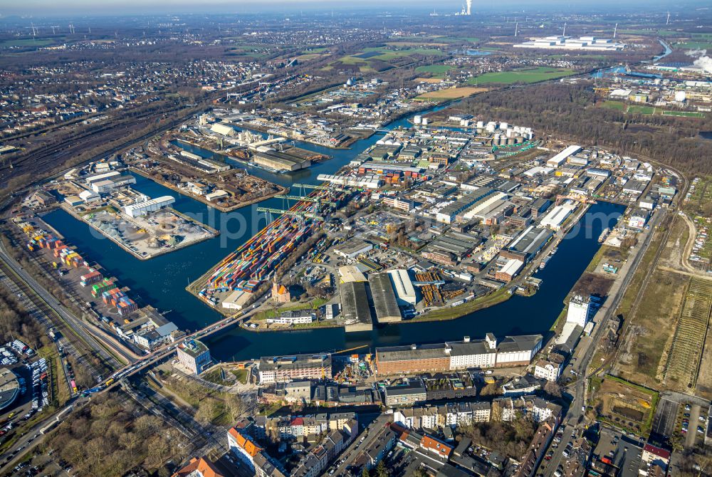 Dortmund from above - Port and port area of a??a??the inland port on the banks of the Ruhr in the Hafen district in Dortmund in the Ruhr area in the state North Rhine-Westphalia, Germany