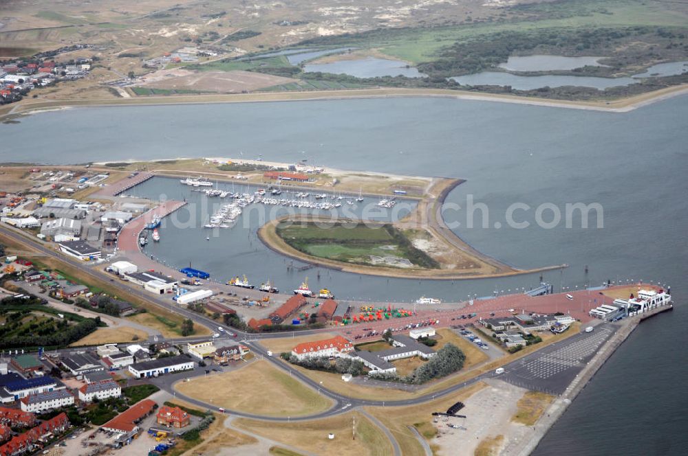 Aerial image Norderney - Blick auf den Hafen auf Norderney. Der Hafen Norderney dient hauptsächlich als Fährhafen und Sportboothafen. Kontakt Hafenamt: Niedersachsen Ports GmbH + Co. KG Hafenamt, Am Hafen 2, 26548 Norderney, Tel. +49(0)4932 9257-0