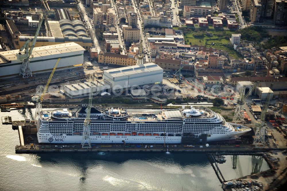 Aerial image Palermo Sizilien - Fincantierii yard with the cruise ship MSC Splendida, of the Italian shipping company MSC Crociers S.A. for the overhaul at the dry dock of the shipyard in Palermo, Sicily, Italy