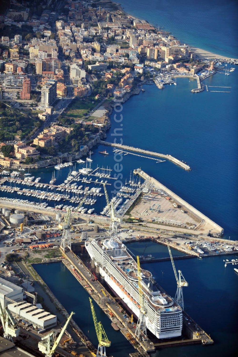 Aerial image Palermo Sizilien - Fincantierii yard with the cruise ship MSC Splendida, of the Italian shipping company MSC Crociers S.A. for the overhaul at the dry dock of the shipyard in Palermo, Sicily, Italy