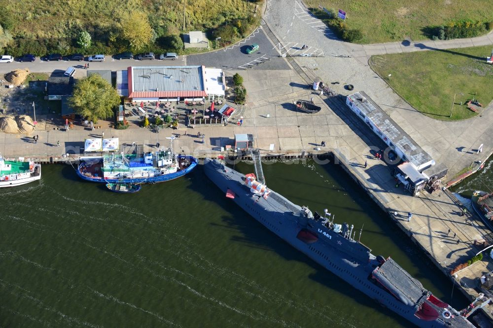 Aerial photograph Peenemünde - Overlooking the historic harbor Peenemünde with the Russian submarine U-461