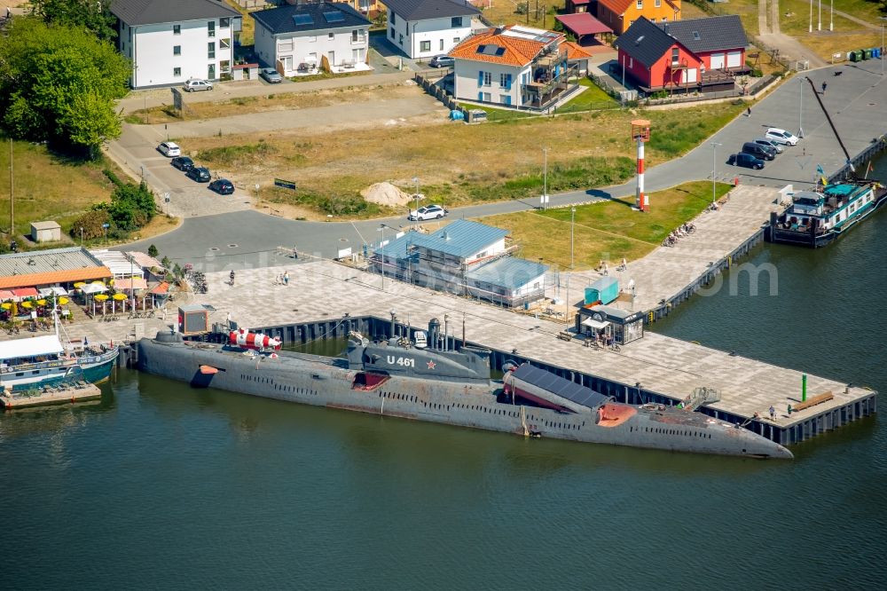 Aerial image Peenemünde - Overlooking the historic harbor Peenemuende with the Russian submarine U-461